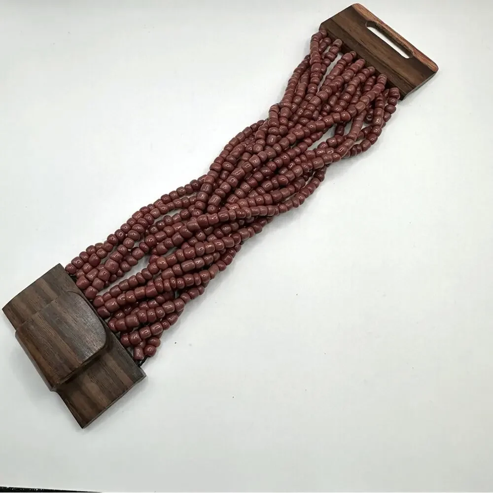 Bali Maroon Brown 14 Strand Bead Bracelet Wood Clasp Hard Wood Boho Casual